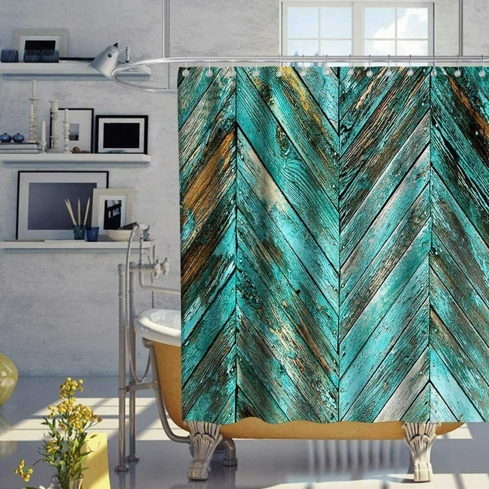 Blue Teal Brown Rustic Farmhouse Wood Plank Diagonal Fabric Shower