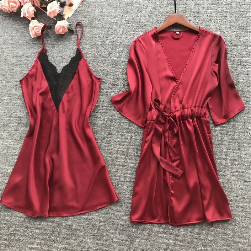 New red satin 2 piece sleepwear set V neck lace nightdress slip dress ...