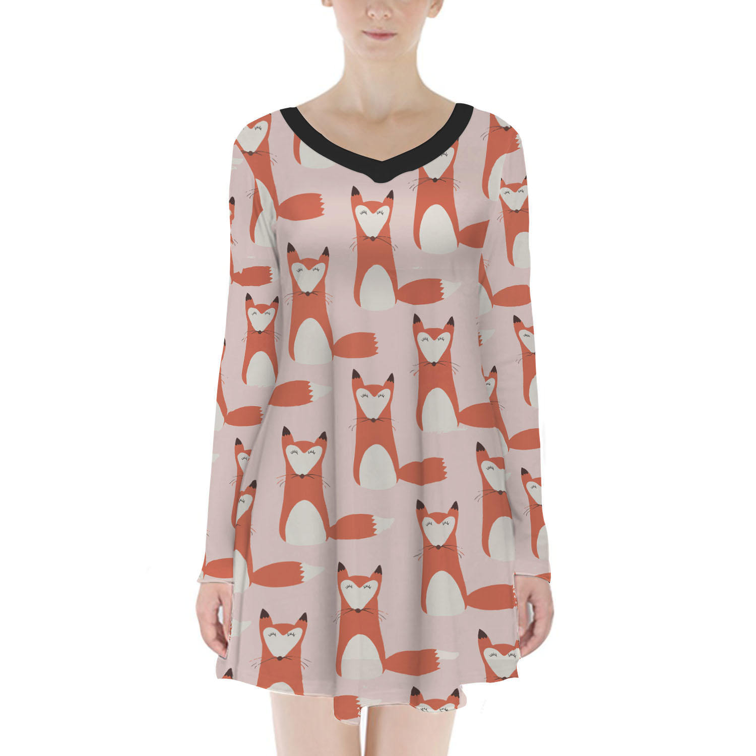 Foxy - Cute Fox Velvet Longsleeve Dress - Dresses
