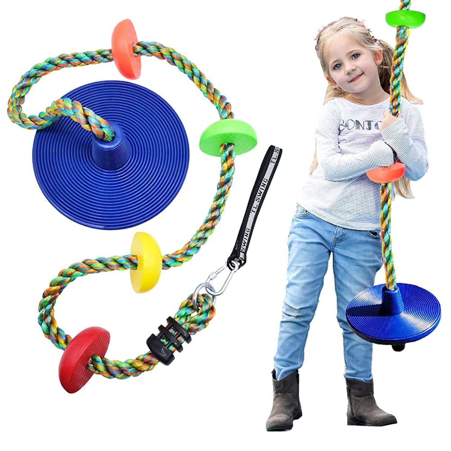 DUENEW Climbing Rope Tree Swing with Multicolor Platforms and Blue Disc Swings S
