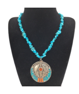 BOHO turquoise chip necklace w/ coral inlay Tibetan? pendant - OOAK silv... - $25.00