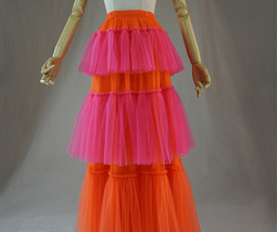 Orange Hot-pink Tiered Party Tulle Skirt Layered Mesh Tulle Maxi Skirt Plus Size image 3