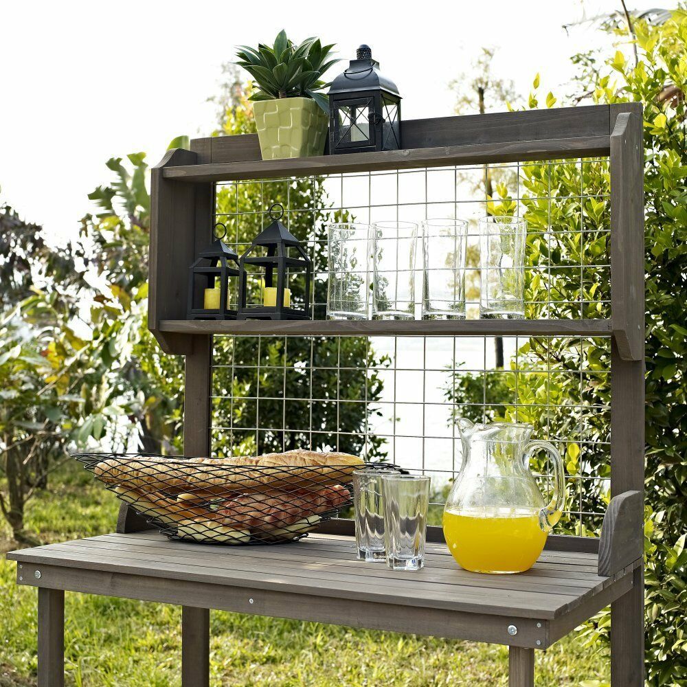 Outdoor Rustic Brown Wood Metal Gardening Potting Bench Work Station