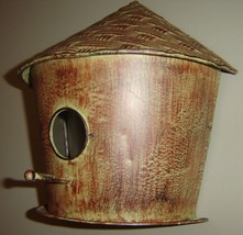 Hut Shaped Bird House 10" High Brown Patina Finish Metal with Perch Flat Back image 2