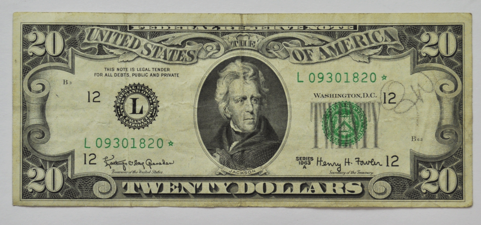 1963 A $20 Twenty Dollars Federal Reserve STAR Note L09301820* FR#2066 ...