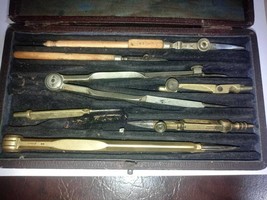 Old19th Century Antique Drawing Instrument Set In Mahogany Case Made In ... - $297.00