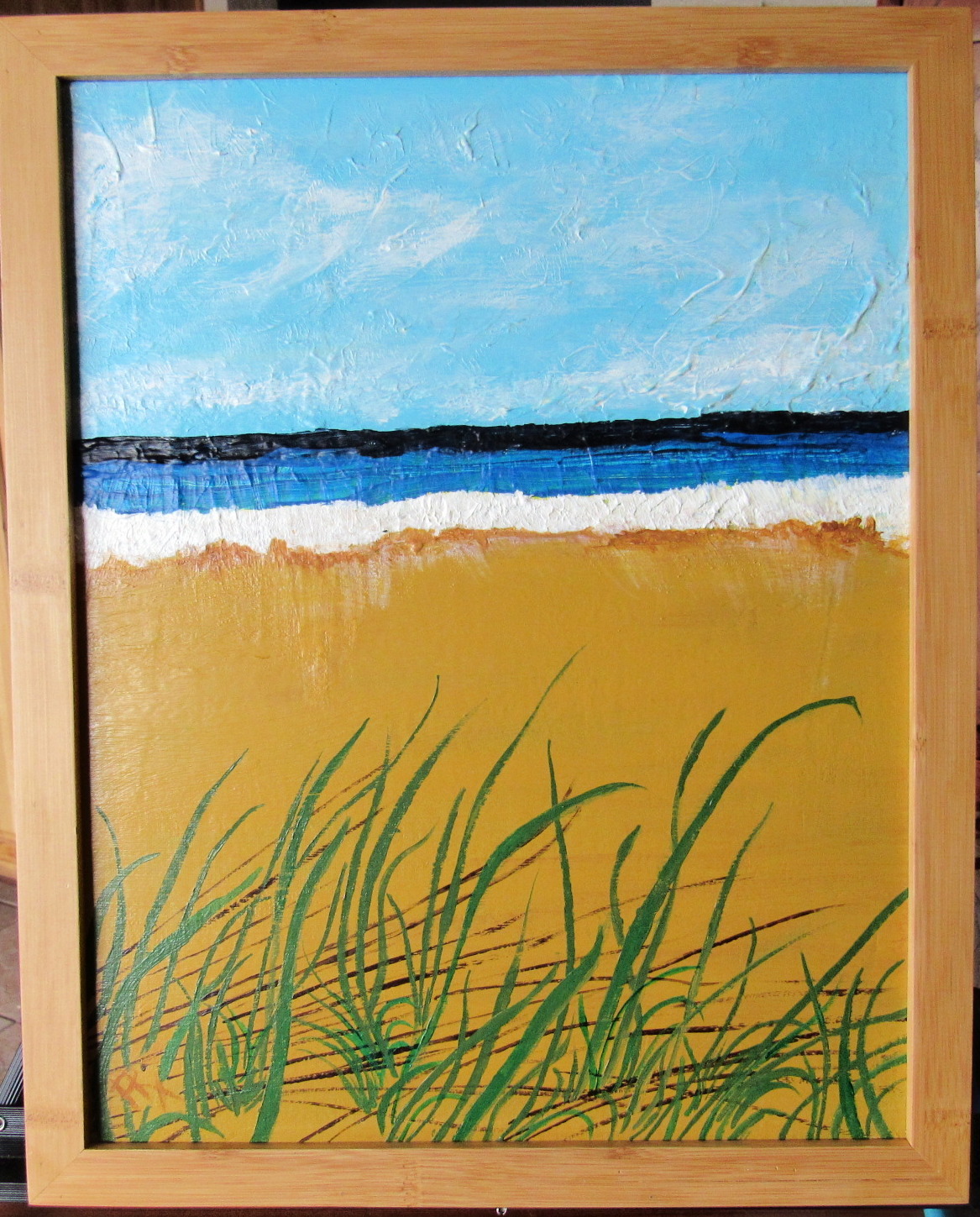 Seagrass Original Acrylic Painting Ocean Beach Silver Frame 11 X 14
