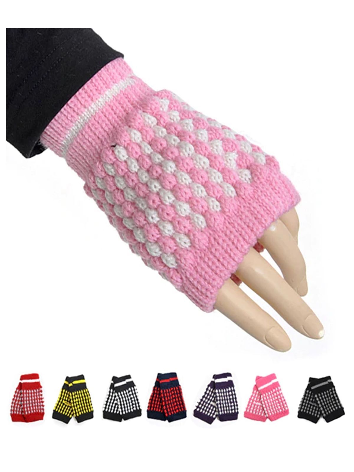 Women's Pink & White Knit Fingerless Winter Gloves GL1302 Gloves