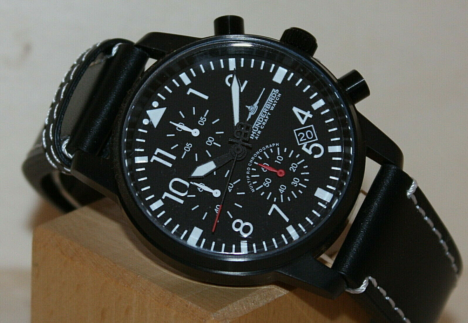 German Pilot Watch Black Thunderbirds Chronograph lighting Leather