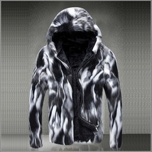 Natural Marbled Black and White Rabbit Faux Fur Front Zip Hooded Coat Jacket
