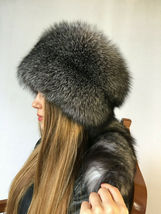 Blue Frost Fox Fur Hat Full Pillbox Hat Natural Colors Saga Furs Detachable Tail image 5