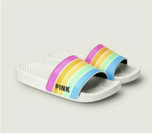 Primary image for VICTORIAS SECRET PINK SLIDES WHITE RAINBOW OMBRE Small 5/6