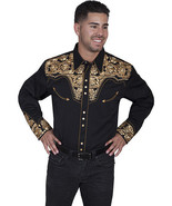 Men&#39;s Western Shirt Long Sleeve Rockabilly Country Cowboy Black Gold Floral - $90.97