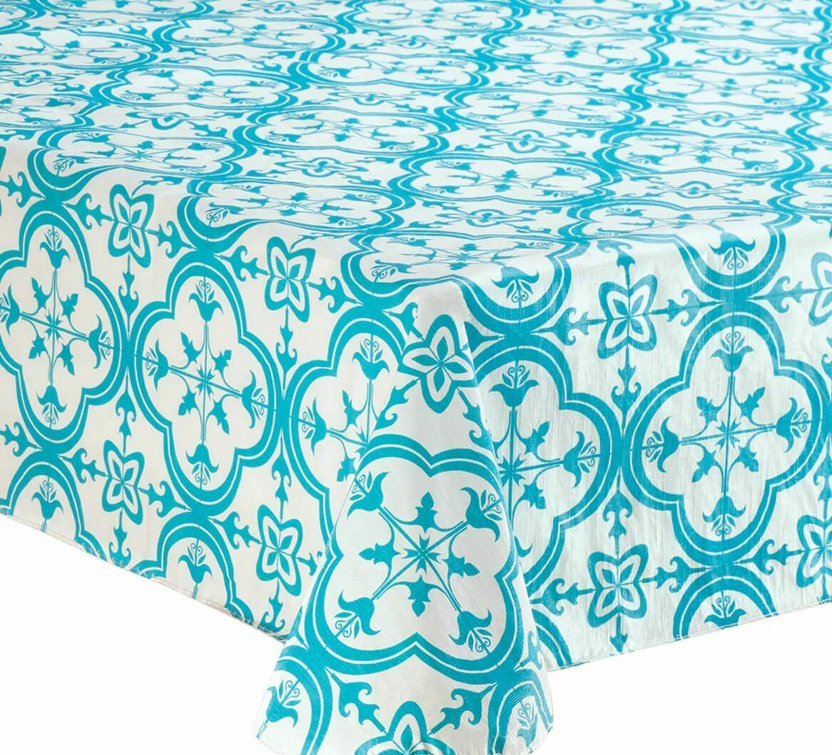 Primary image for Peva Flannel Back Tablecloth (52"x70") Oblong BLUE TILES ON WHITE by Safdie
