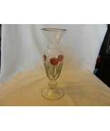 Vintage Clear Glass Pedestal Vase with Red Roses &amp; Leaves for Tabletop - $37.13