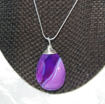 Pink Banded Agate Necklace Sterling Sliver Wire Wrapped Natural Stone Gift Ideal - $23.00