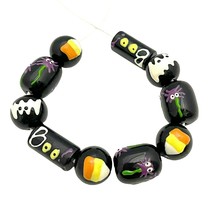 Halloween Beads Hand Painted Glass Bat Boo Candy Spider Black White Goth Beads - $9.49