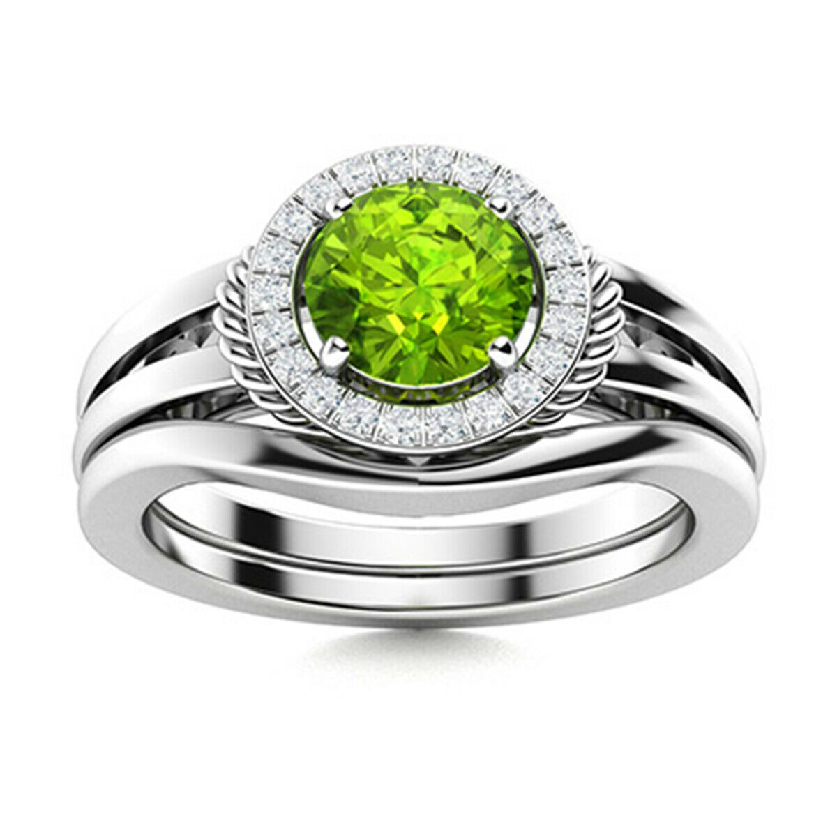 0.75 Ctw Stackable Round Peridot 10K White Gold Women Victorian Ring