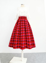 Winter RED Plaid Long Pleated Skirt Women Warm Woolen Full Pleated Holiday Skirt