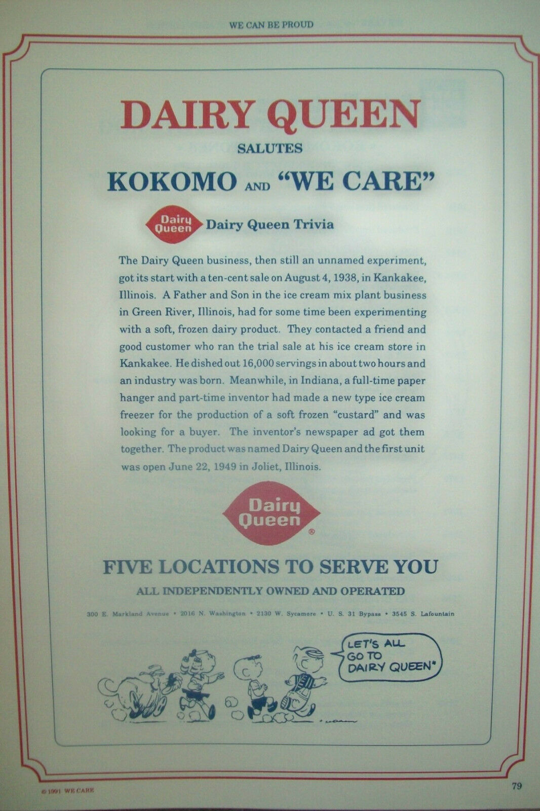 1991 Kokomo IN Cookbook w/ Local Ads for Dairy Queen, KFC, Ponderosa