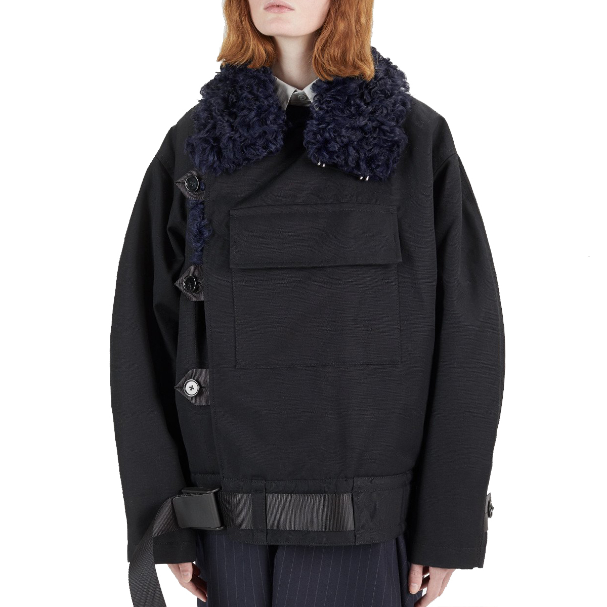 Image of Women's Black Cees Detachable Shearling Collar Oversized Cotton Canvas Parka