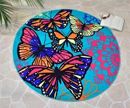 Butterfly Beach Towel 59" Round Teal Background Polyester Soft Sunny Day