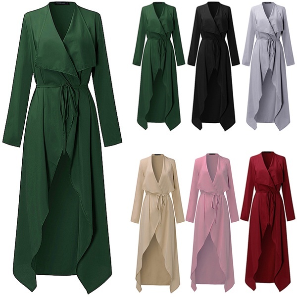 S-XXXL Women Ladies Long Sleeve Maxi Long Sleeve Waterfall Belted Duster Trench