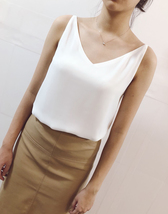 Women V Neck Beige Chiffon Tanks Tops Summer Sleeveless Chiffon Tanks US0-US12 image 9