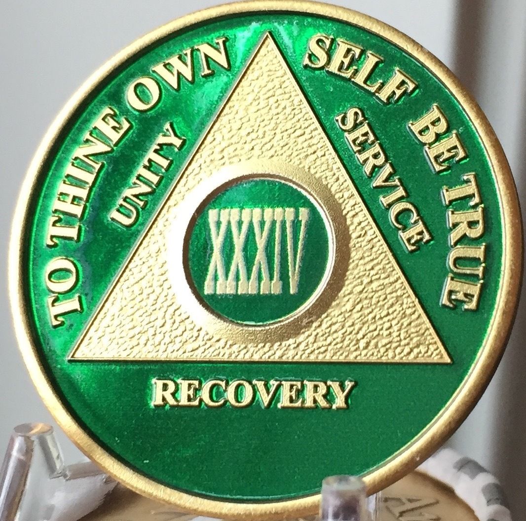 34 Year AA Medallion Green Gold Plated Alcoholics Anonymous Sobriety Chip Coin