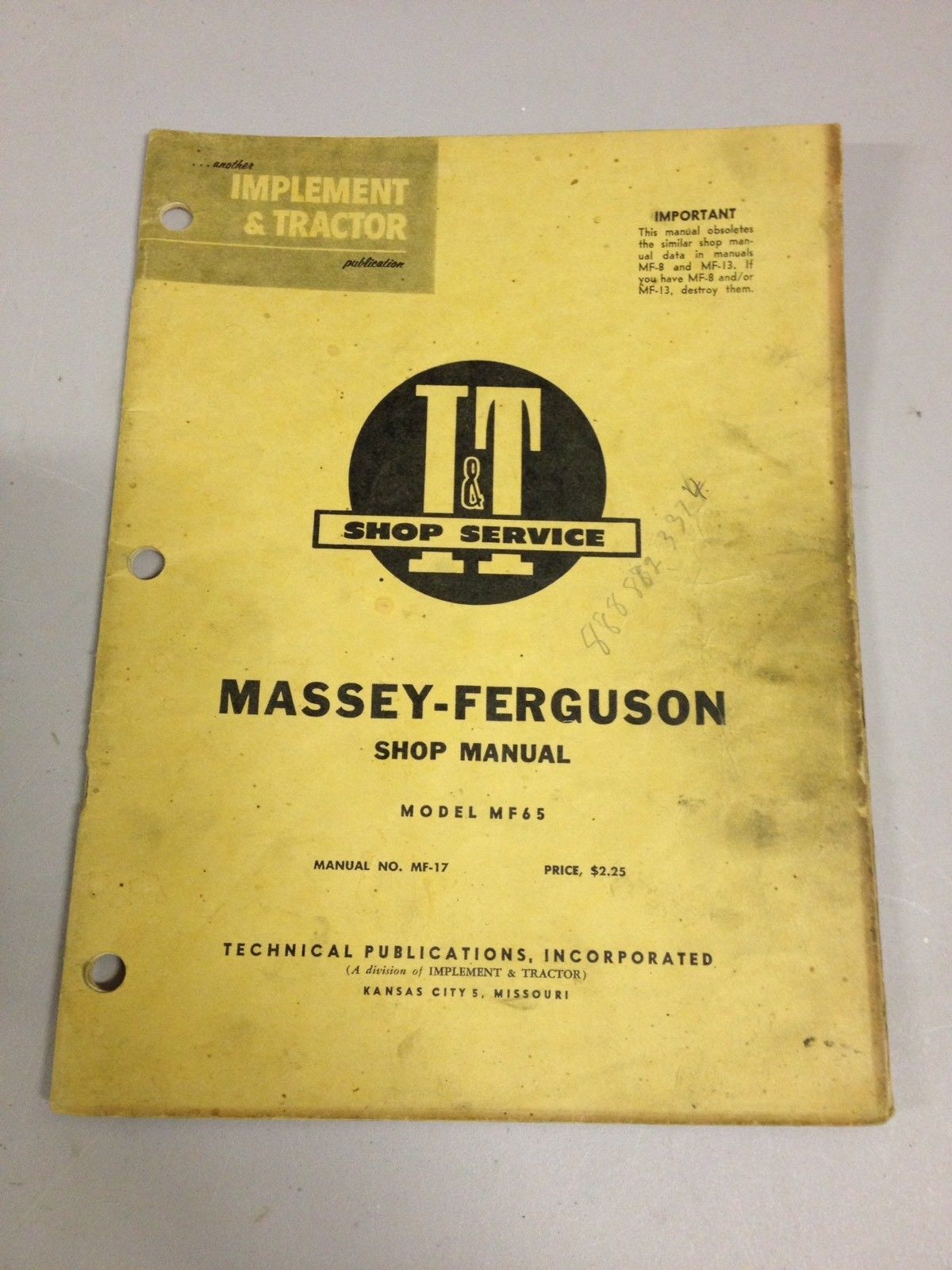 I & T Shop Service Manual MF-17 Massey Ferguson MF65 (ddf421)