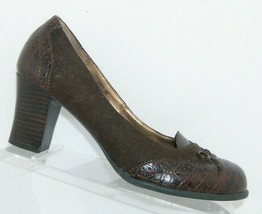 Mudd 'Lizzbeth' brown croc print wingtip bow round toe slip on block heels 9.5M - $28.63