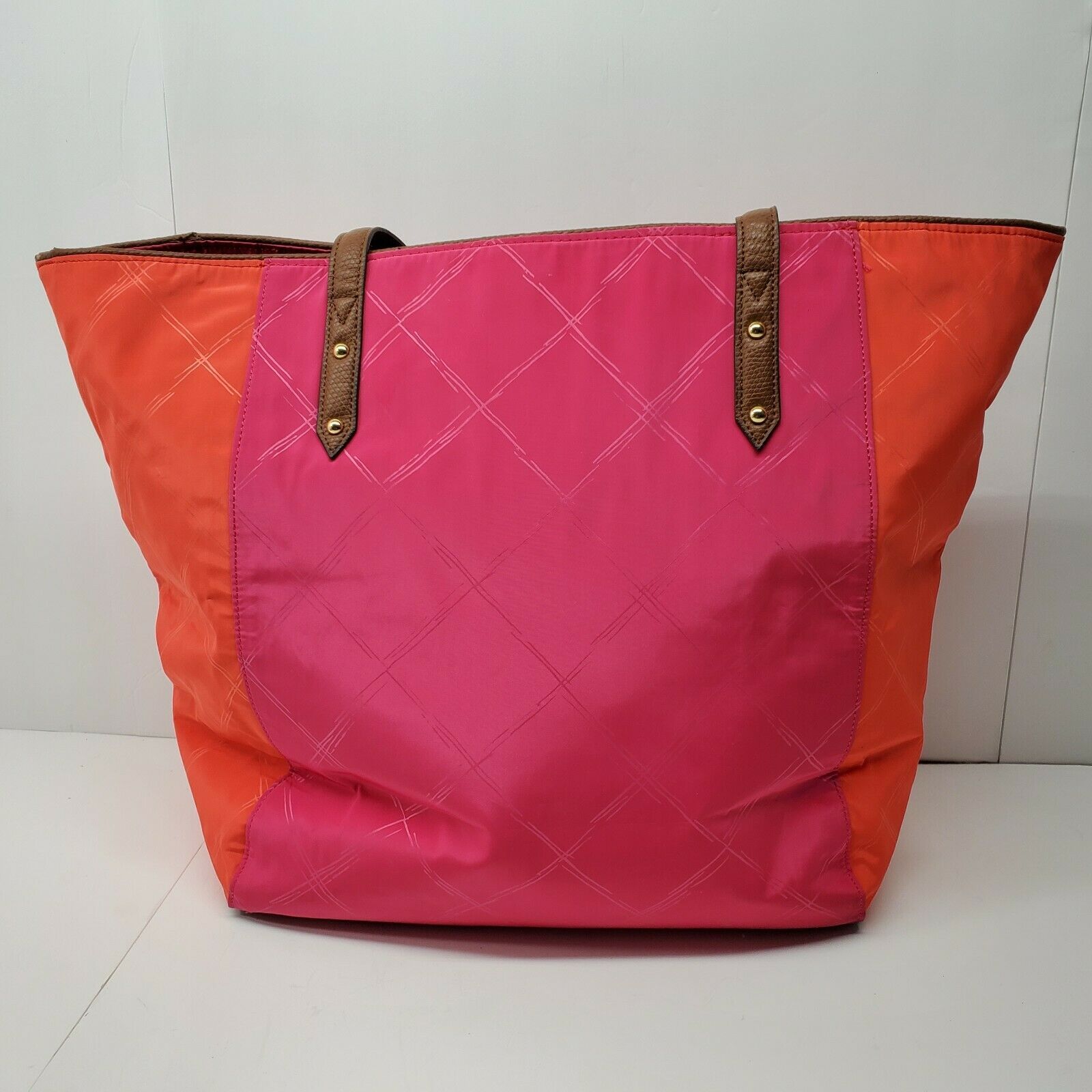 Vera Bradley Pink Orange Nylon Tote Bag Shopper Purse Brown handles ...
