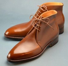 Handmade Men's Brown Leather Chukka Lace Up Boots image 3