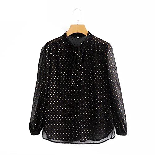 Metal Dots Stitching Black Chiffon Shirt Ladies Puff Sleeve Pleats Blouse Chic F