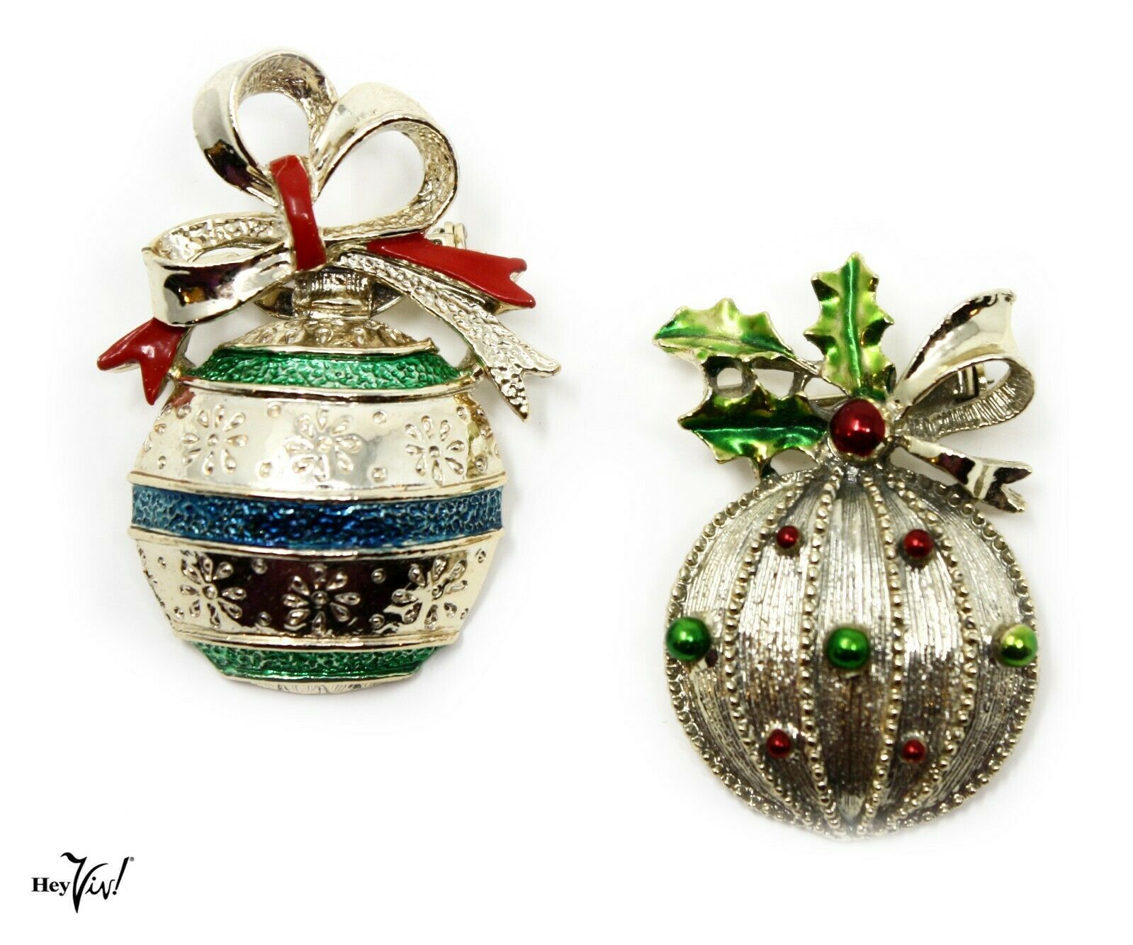 Primary image for Christmas Ornaments Vintage Pins - Gerrys - 2 Decorated Balls w Bows - Hey Viv