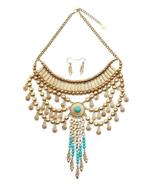 Stunning Turquoise and Gold-Tone Statement Fashion Necklace and Earring ...