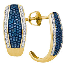 10kt Yellow Gold Womens Round Blue Color Enhanced Diamond Half J Hoop Earrings - $699.00