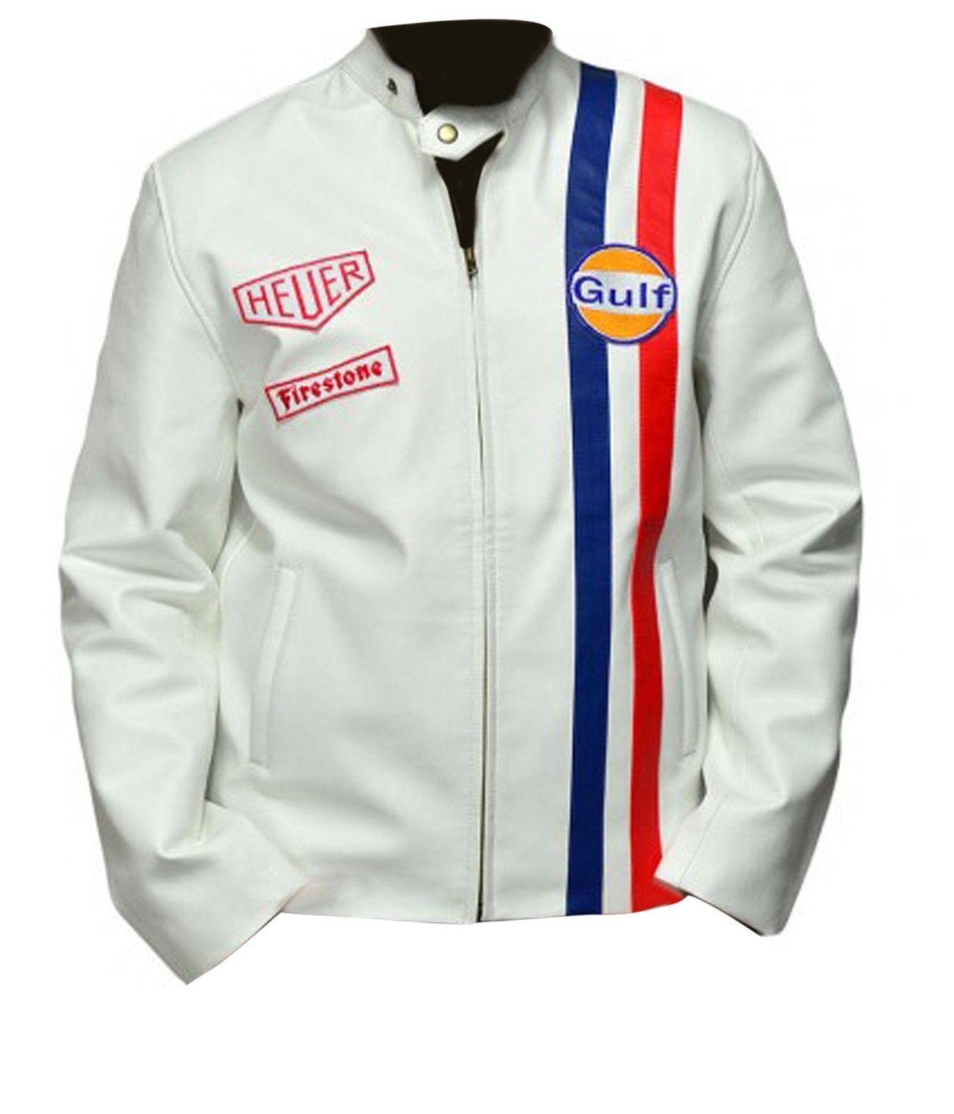 Mens Steve McQueen Le Mans White Gulf Racing Style Stripes White Leather Jacket
