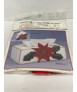 RARE HTF Bucilla Christmas Plastic Canvas Kit Poinsettia Tissue Box Cove... - $21.89