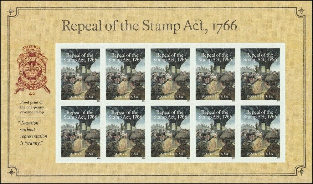 2016 Repeal of the Stamp Act Pane of 10 Forever Stamps Scott 5064