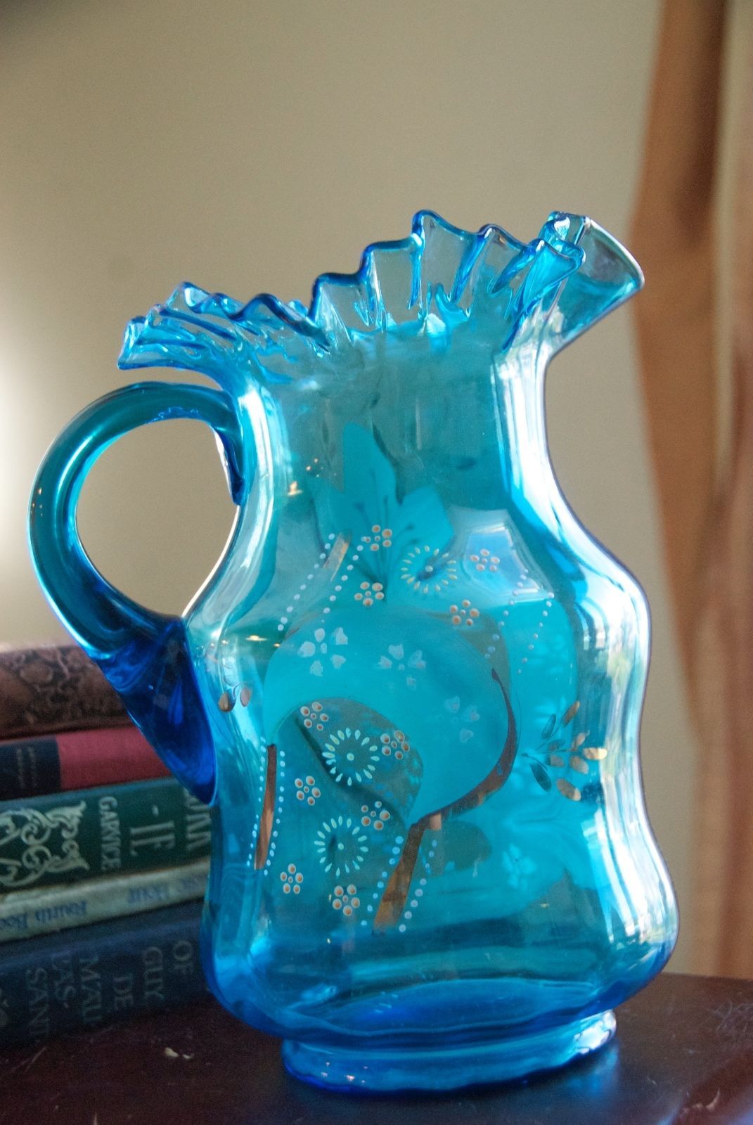 LIGHT BLUE ENAMEL GLASS ANTIQUE PITCHER RUFFLE RIM BOHEMIAN AESTHETIC