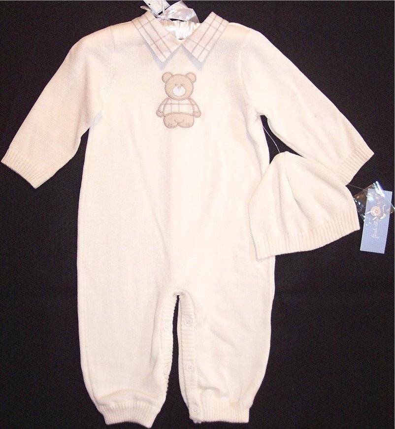 NWT First Impressions Boy's 2 Pc Ivory Knit One Piece + Cap, 0-3M or 6-9M, $32 - $9.19