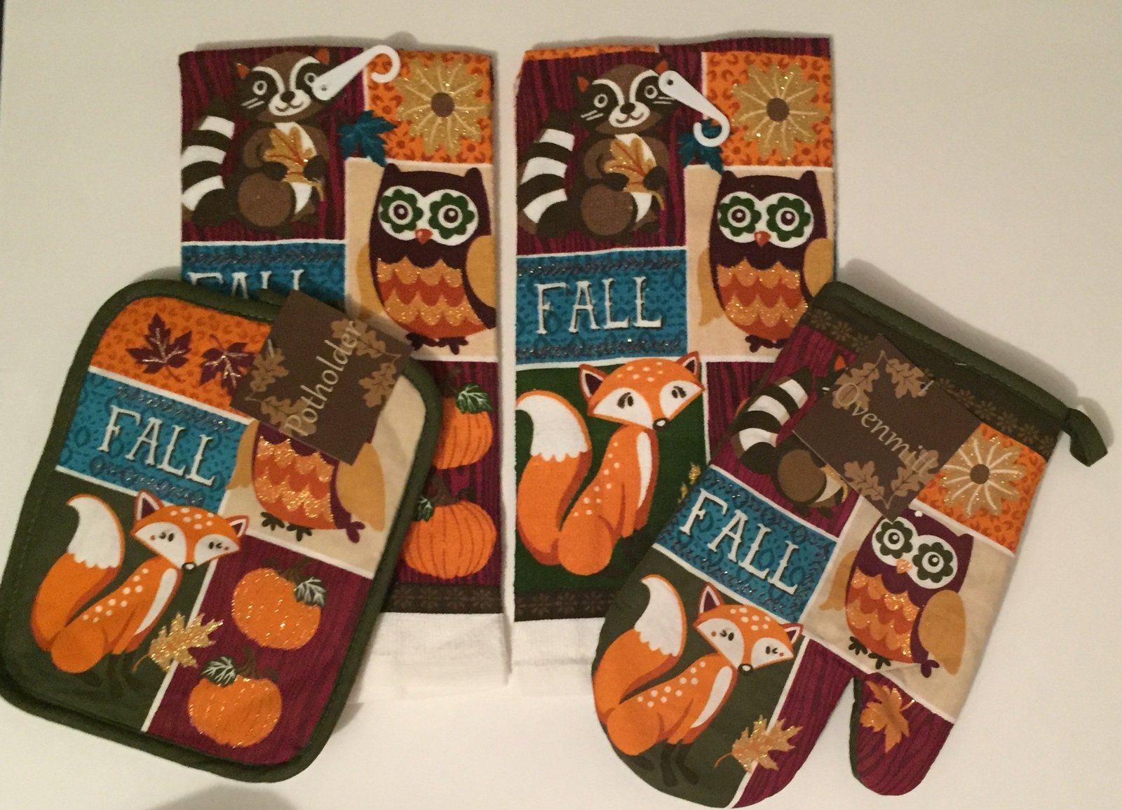 Fall Owl Raccoon Fox 4 Pc Kitchen Towels And 49 Similar Items Fall Owl Raccoon Fox 4 Pc Kitchen Towels Potholder Oven Mitt Set Autumn