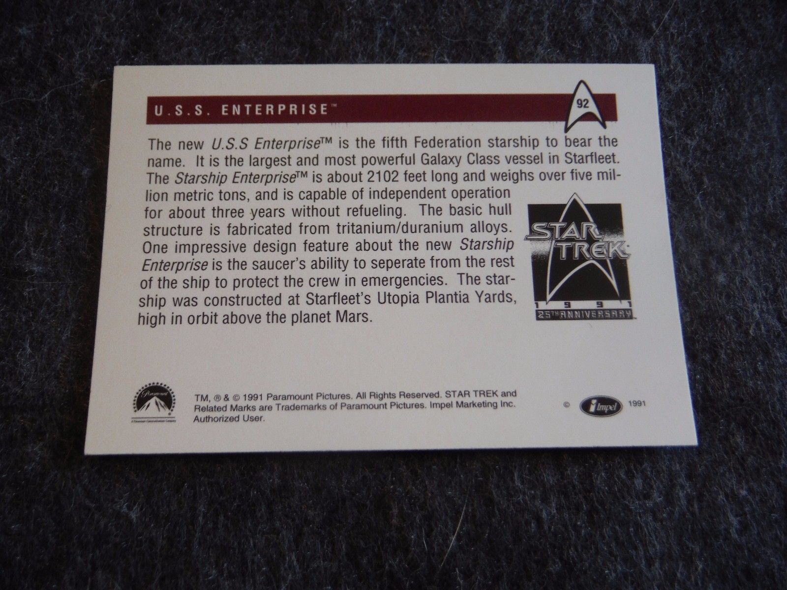 Star Trek 25th Anniversary 1991 Impel Trading Card 92 USS Enterprise