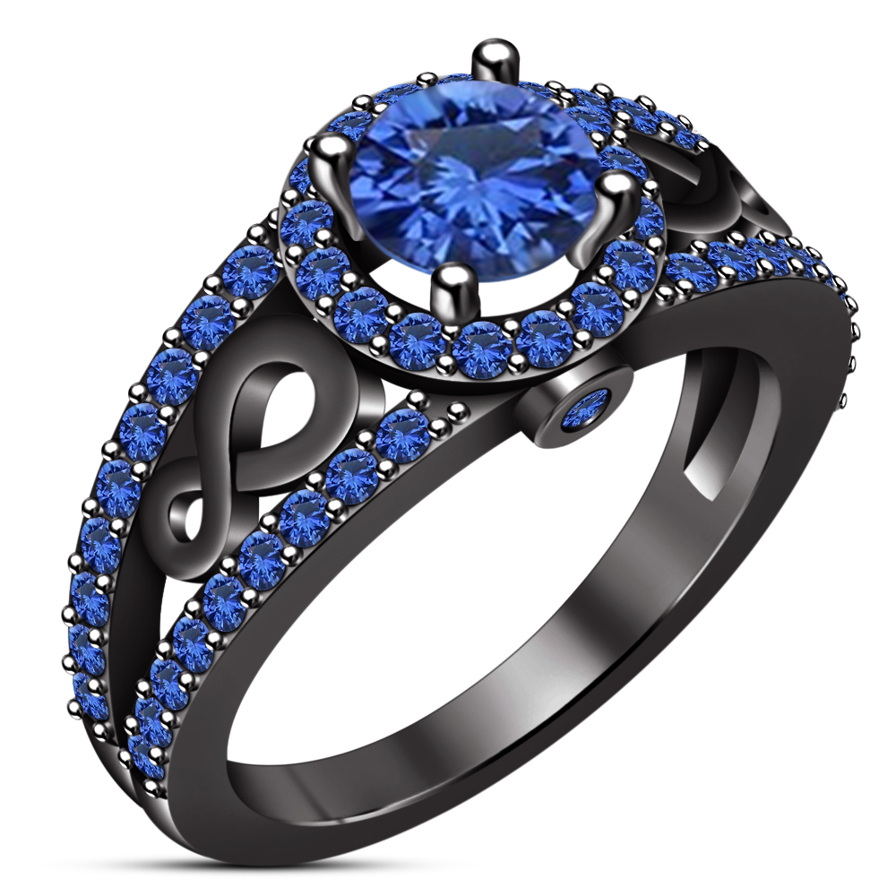 His & Hers Blue Sapphire Trio Wedding Ring Set 14k Black Gold Plated ...