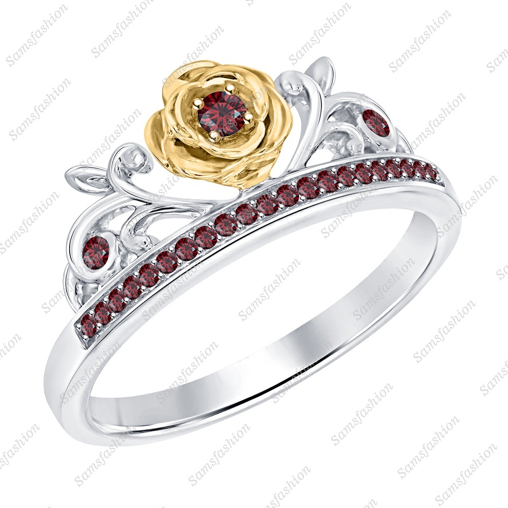 Round Red Garnet 14k Two Tone Gold Over 925 Silver Rose Flower Anniversary Ring
