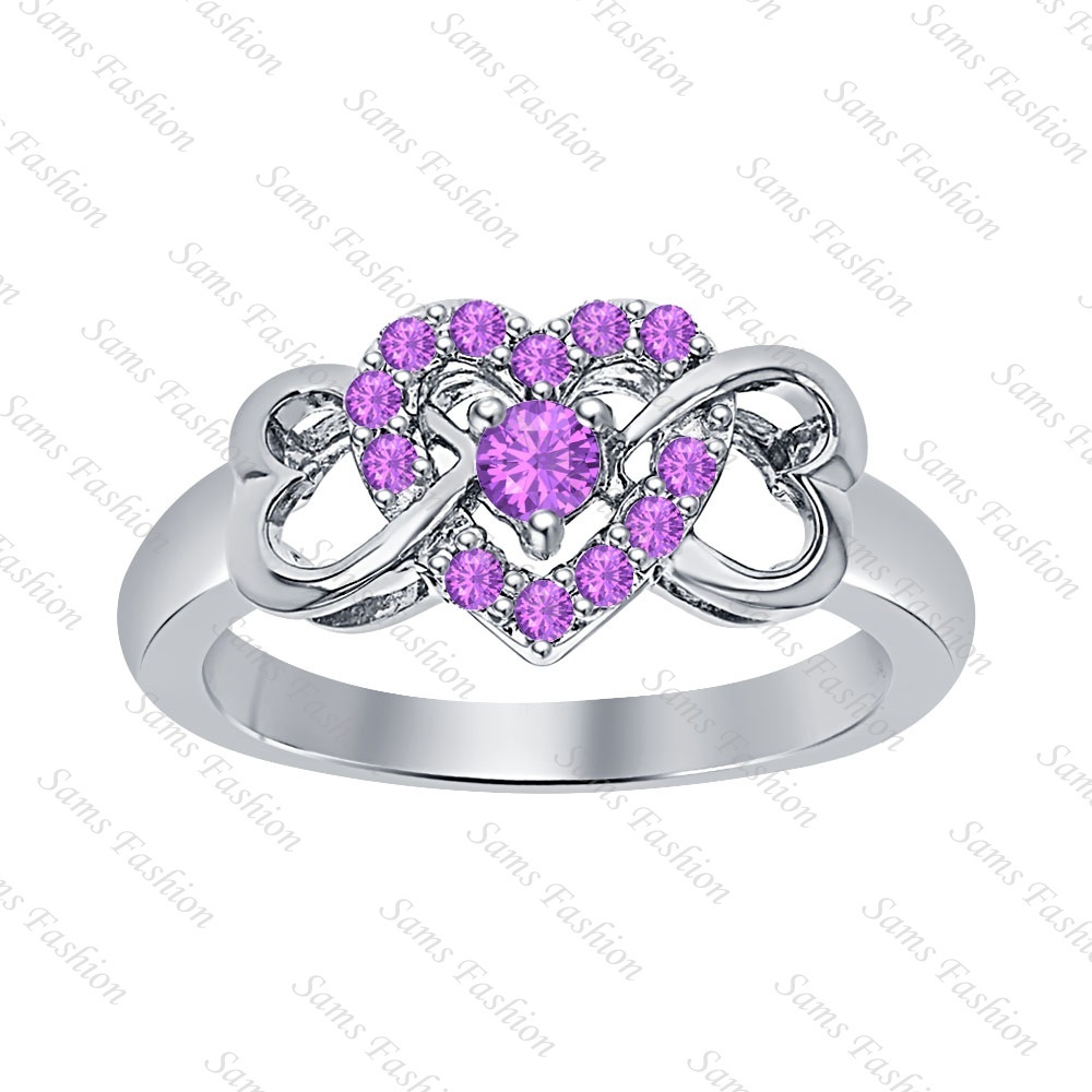 Heart Ring 14k White Gold .925 Sterling Silver Round Cut Amethyst For Womens's