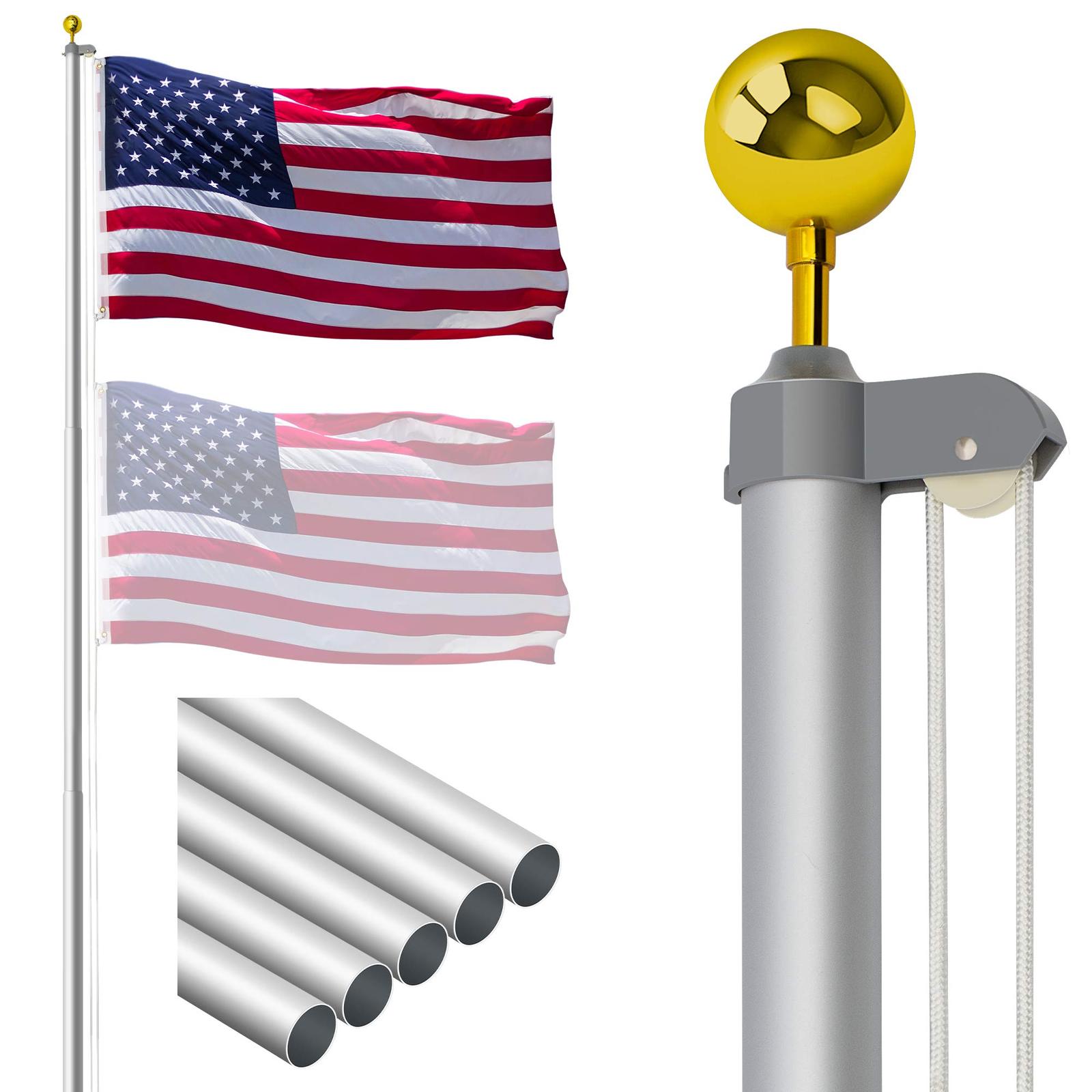 25FT Sectional Flag Pole, Extra Thick Heavy Duty Aluminum Flagpole Kit ...