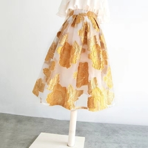 Summer GOLD Floral Midi Party Skirt Outfit Organza Plus Size Midi Skirt Pockets image 2