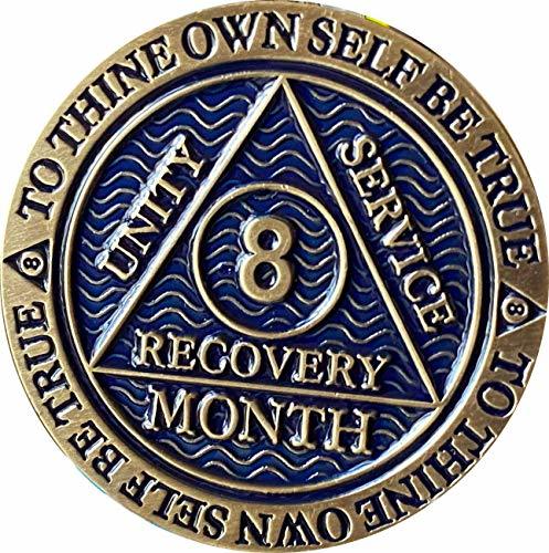 8 Month AA Medallion Antique Bronze Dusty Blue Color Sobriety Chip